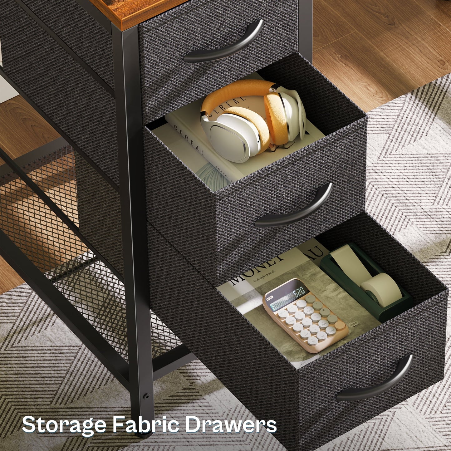 Computer Desk, LED Gaming Desk with Drawers, Office Desk with Outlets, Corner Desk, Writing Desk in Brown