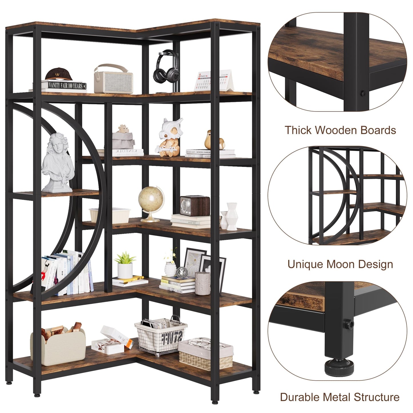 Danolapsi L-Shaped Storage Rack,Modern Corner Bookshelf, 6 Tier Wooden Corner Bookcase, Corner Solid Display Rack,Plant Stand, for Study Room, Home & Office, Bedroom, Living Room