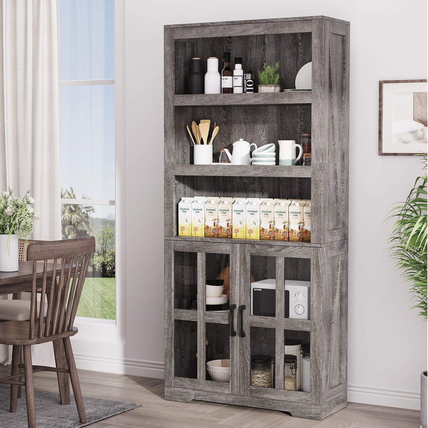 Yeahumalia Industrial Wooden Bookshelves with Doors Floor Standing 5 Shelf Display Storage Shelves Bookcase, Grey Oak