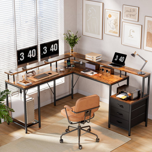66in L Computer Desk, LED Gaming Desk with 3 Drawers and Power Outlets, L Shaped Desk with Monitor Stand, Long Office Corner Desk with Shelves in Brown