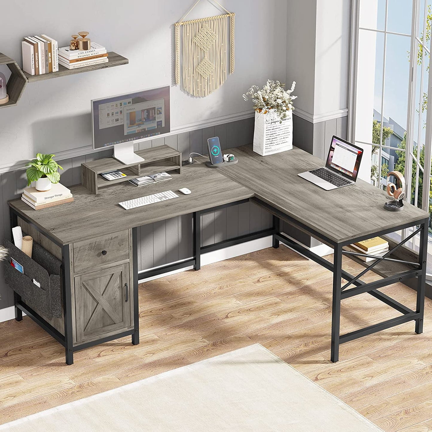 Reversible Grey L-Shaped Home Office Desk, 63in Computer Workstation with Power Strip, Drawer, and Storage Cabinet