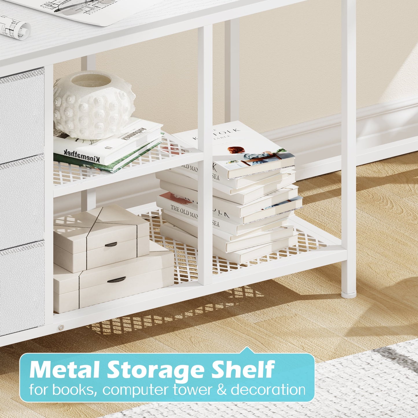 SUPERJARE L Shaped Desk, Computer Office Desk with Power Outlets, Gaming Desk with PU Drawer & Storage Shelves, White Corner Writing Desk