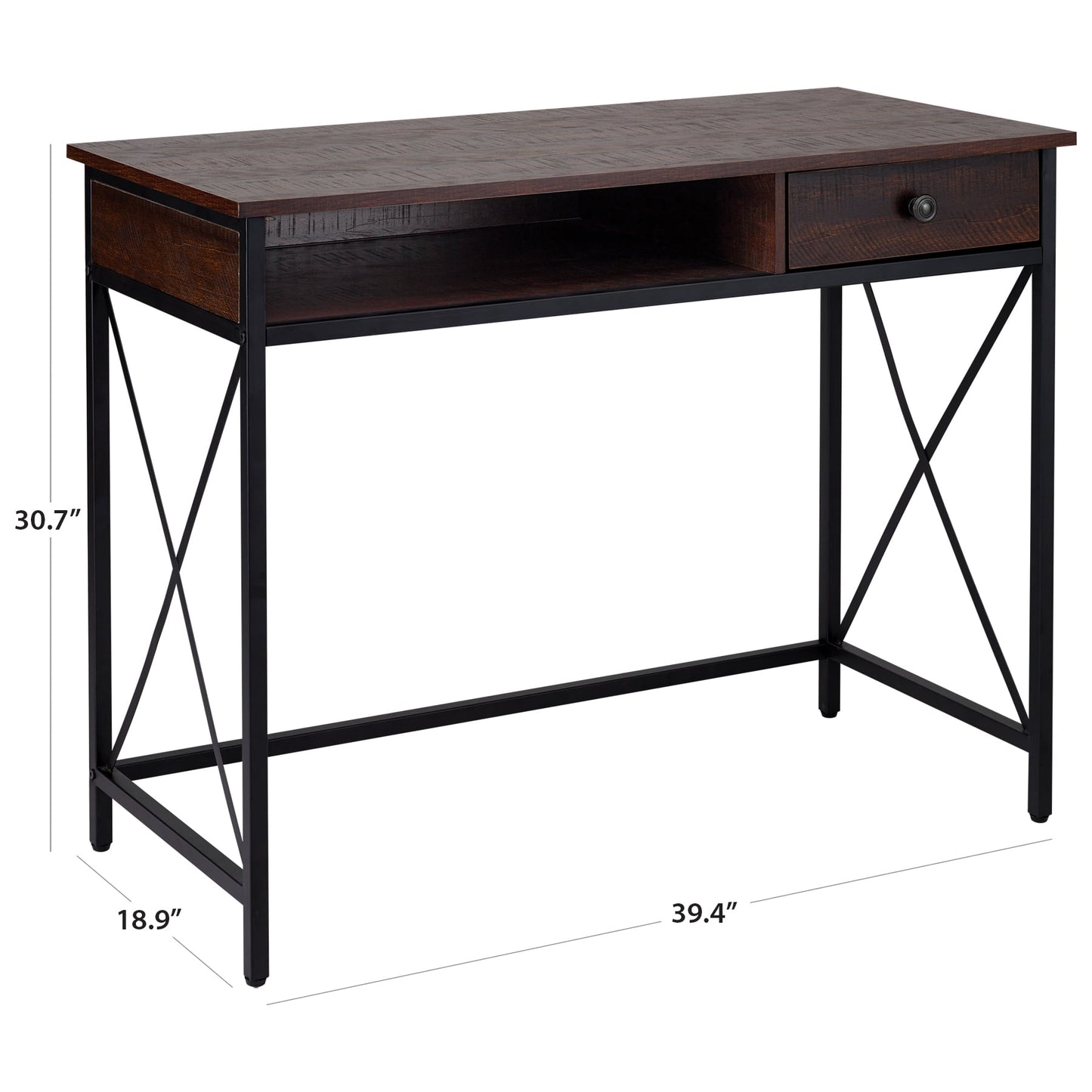 DecorTech Industrial Metal and Wood 30 inH Writing Desk with Drawer, Walnut