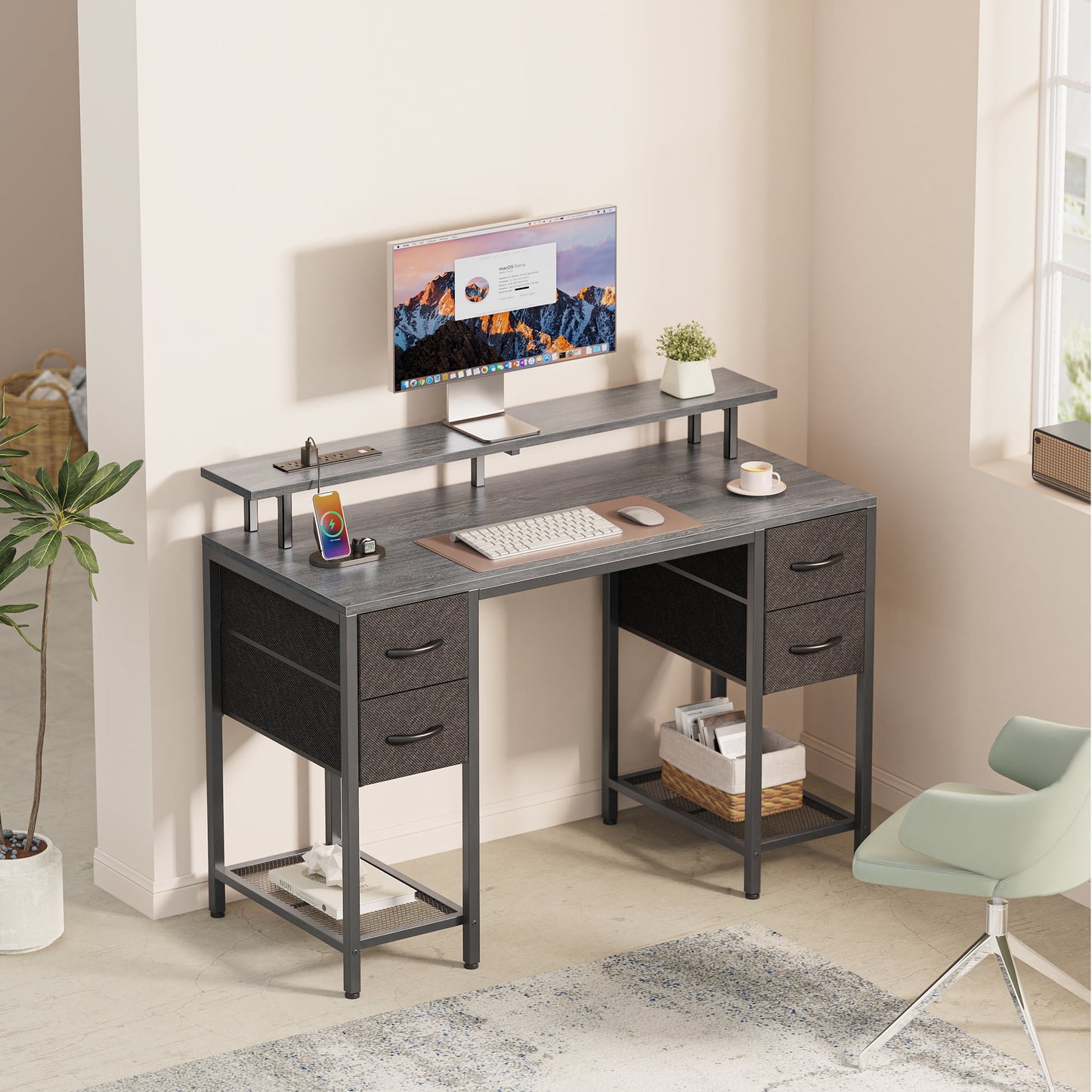 Computer Desk, LED Gaming Desk with Drawers, Office Desk with Outlets, Corner Desk, Writing Desk in Gray
