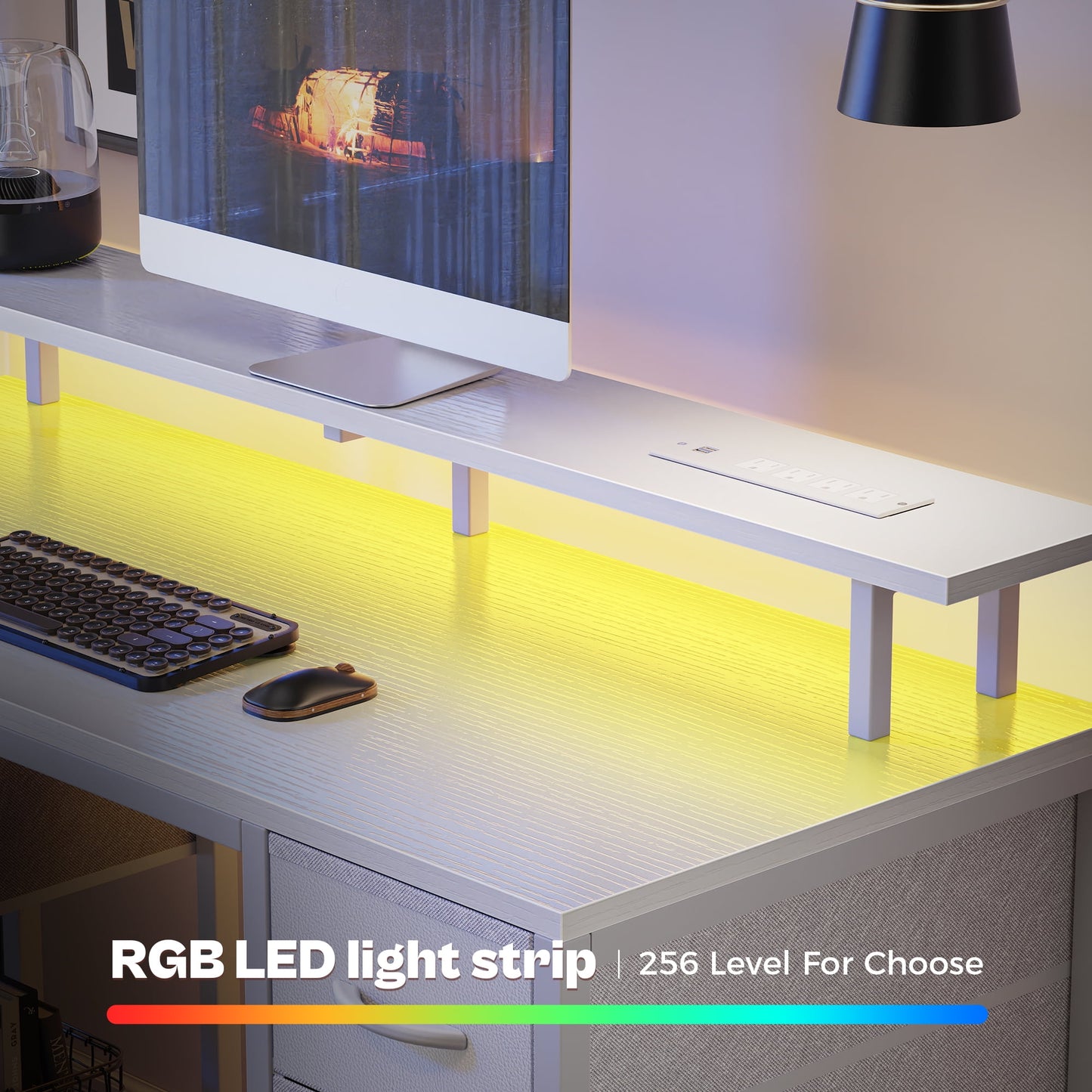 55.1in LED Gaming Desk with Drawers, Computer Desk with Outlets, Office Desk with 4 Drawers, Corner Desk, Writing Desk in White