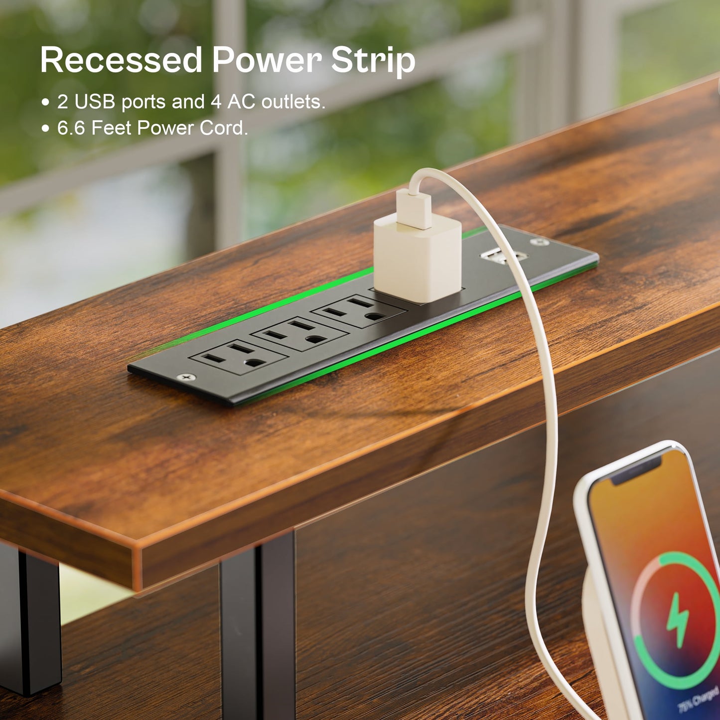 Computer Desk, LED Gaming Desk with Drawers, Office Desk with Outlets, Corner Desk, Writing Desk in Brown