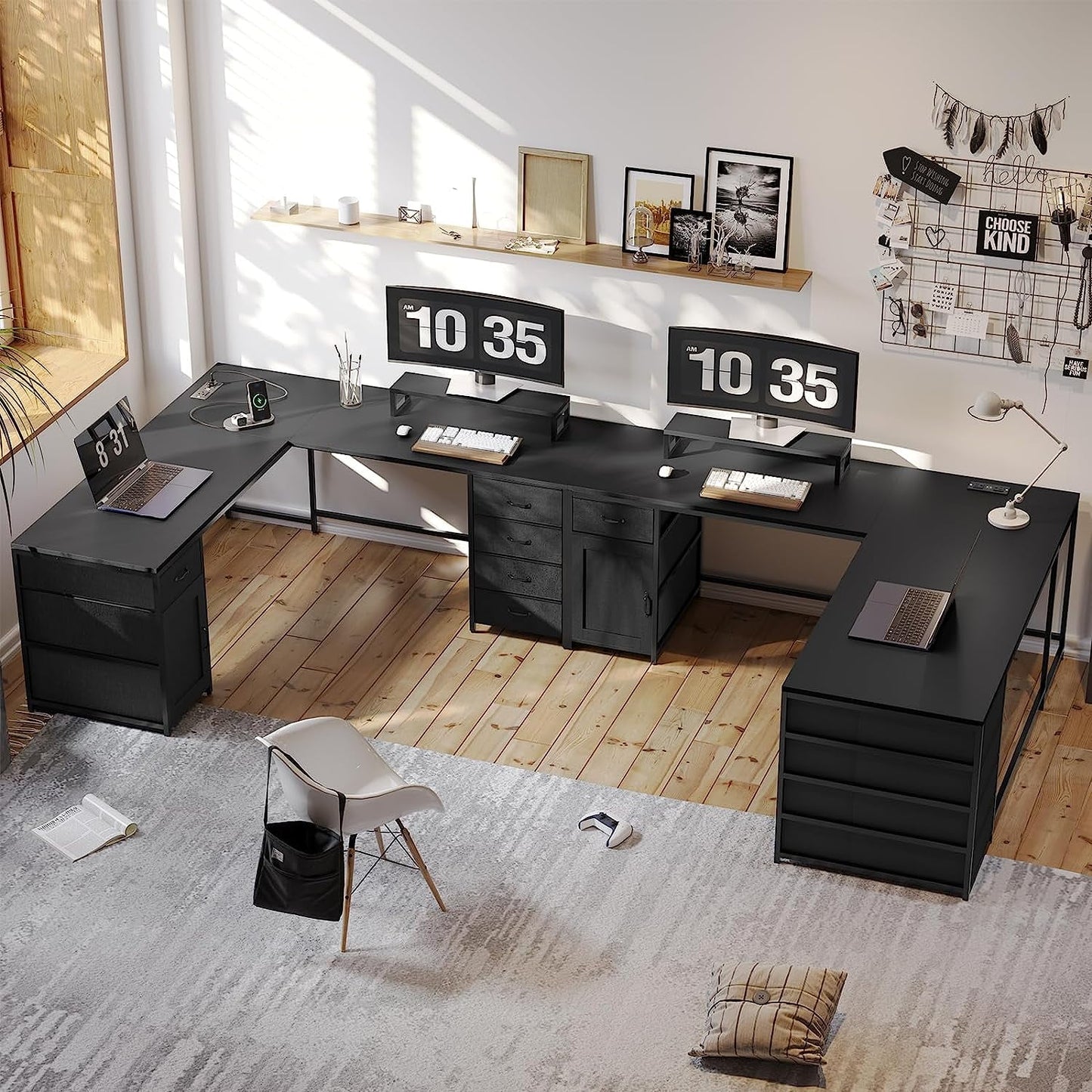 Black 2-Person L-Shaped Desk, 63in Reversible, 5-Drawer, with Power Outlet, Home Office Corner Desk with Storage Cabinet