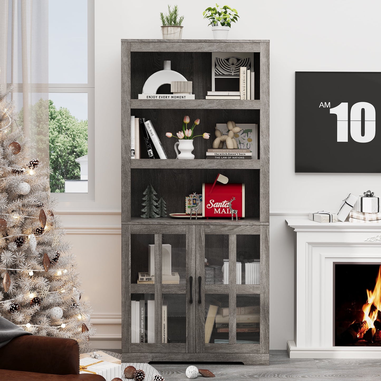 Yeahumalia Industrial Wooden Bookshelves with Doors Floor Standing 5 Shelf Display Storage Shelves Bookcase, Grey Oak