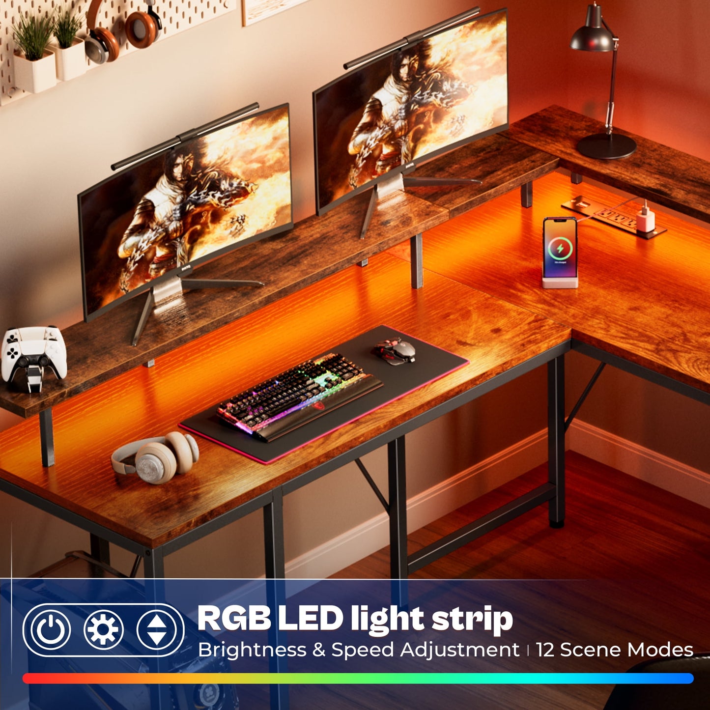 66in L Computer Desk, LED Gaming Desk with 3 Drawers and Power Outlets, L Shaped Desk with Monitor Stand, Long Office Corner Desk with Shelves in Brown