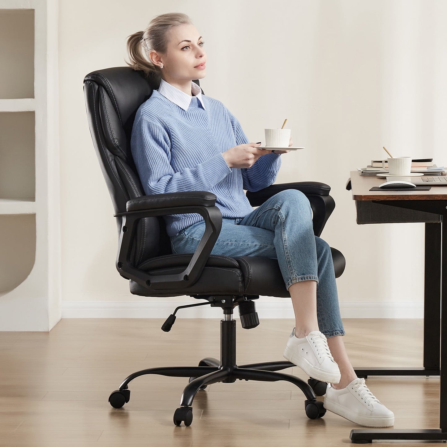 Yangming Leather Home Office Desk Chair, Big and Tall Chair with Ergonomic High Back, 300lbs, Black