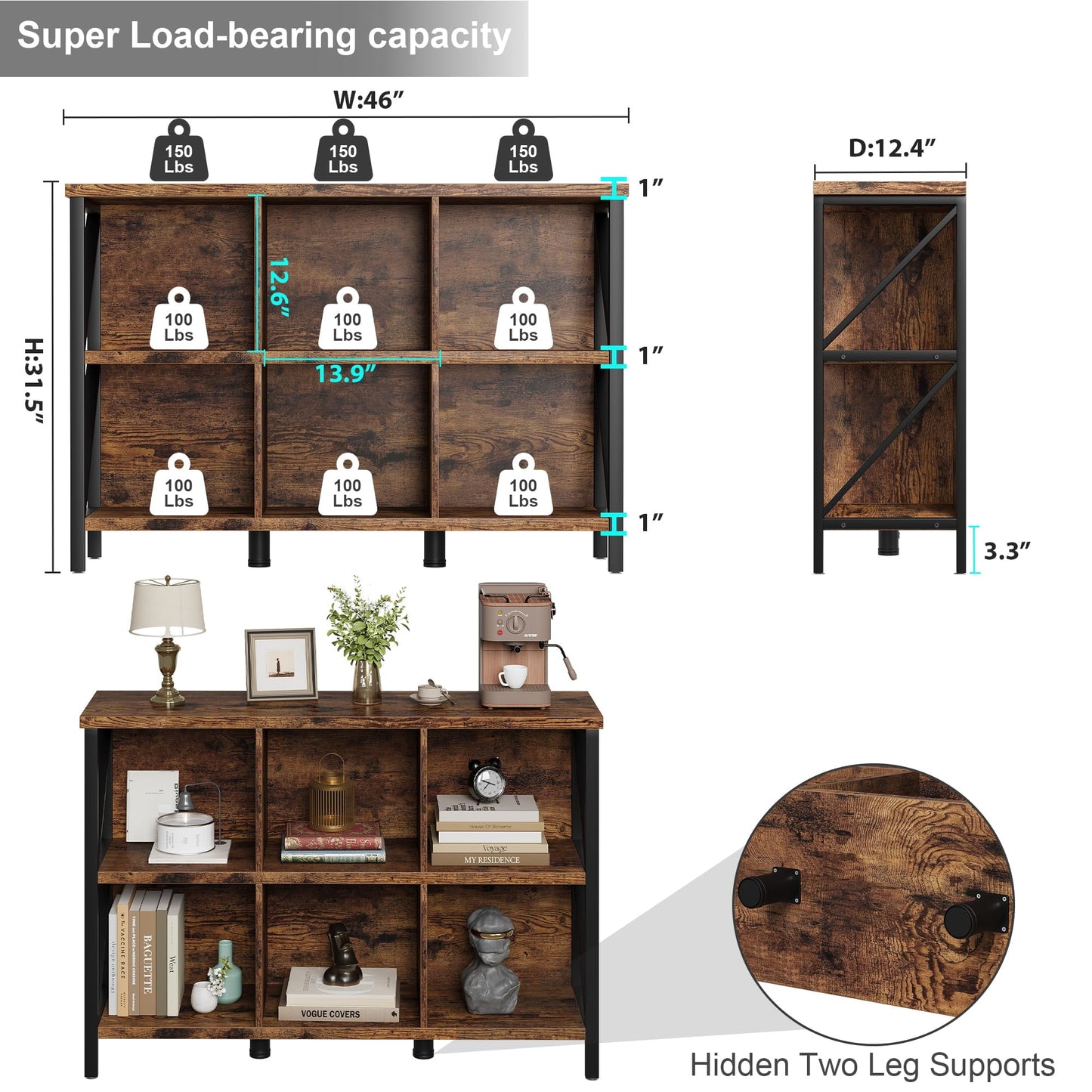Danolapsi 6 Cube Storage Organizer with Shelf,Industrial Horizontal Bookshelf with Metal Frame,Wood and Metal Cubby Bookcase,Thick wooden Low & Long bookshelf for Living Room/Office/Bedroom