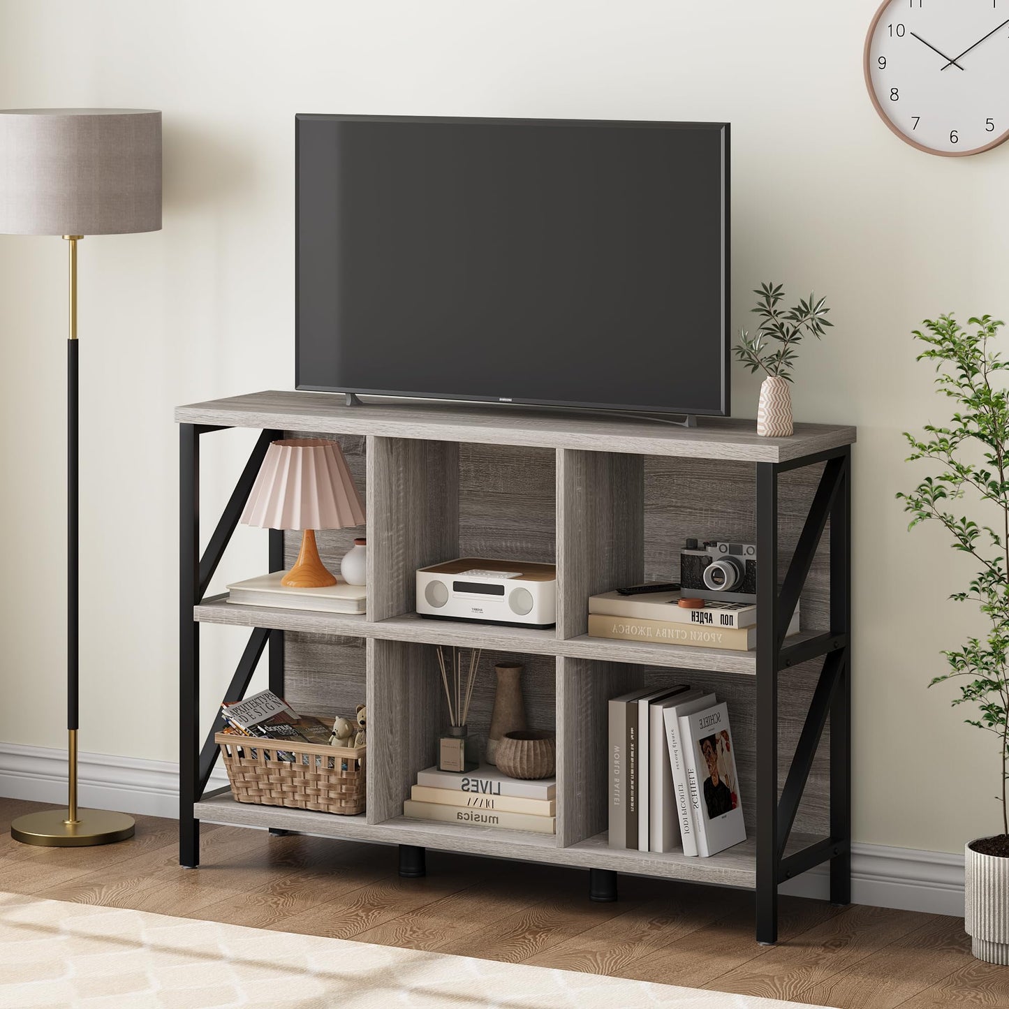 Danolapsi 6 Cube Storage Organizer with Shelf,Industrial Horizontal Bookshelf with Metal Frame,Wood and Metal Cubby Bookcase,Thick wooden Low & Long bookshelf for Living Room/Office/Bedroom