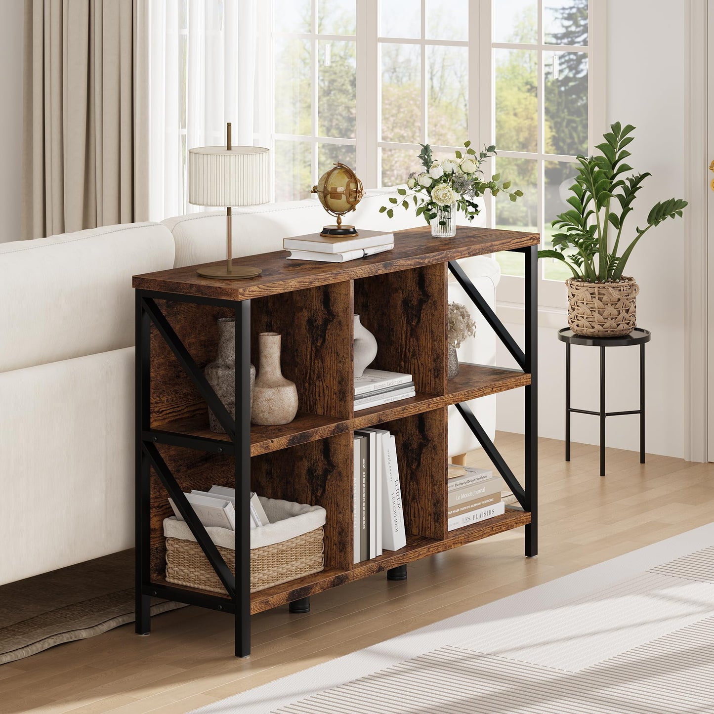 Danolapsi 6 Cube Storage Organizer with Shelf,Industrial Horizontal Bookshelf with Metal Frame,Wood and Metal Cubby Bookcase,Thick wooden Low & Long bookshelf for Living Room/Office/Bedroom