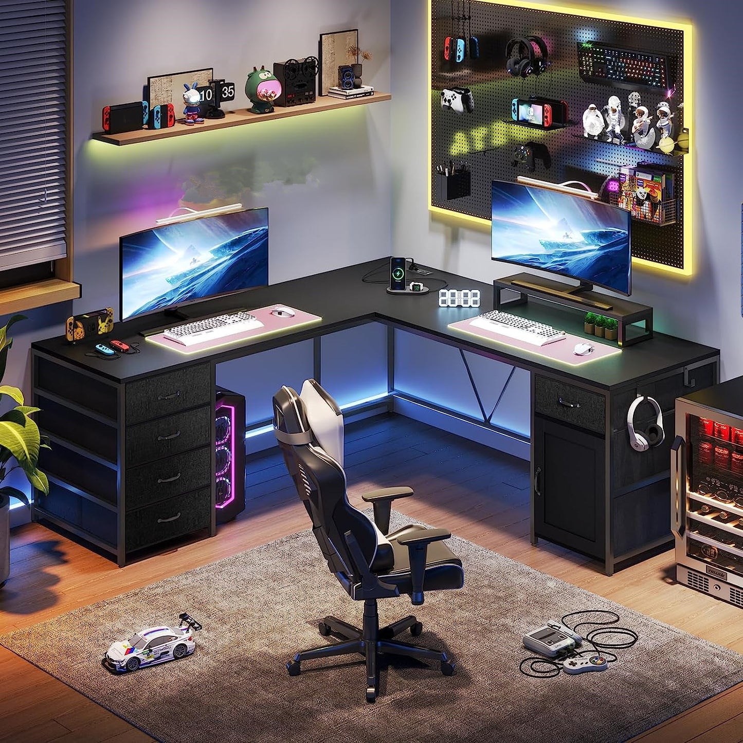 Black 2-Person L-Shaped Desk, 63in Reversible, 5-Drawer, with Power Outlet, Home Office Corner Desk with Storage Cabinet