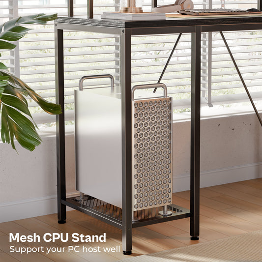 66in L Computer Desk, LED Gaming Desk with 3 Drawers and Power Outlets, L Shaped Desk with Monitor Stand, Long Office Corner Desk with Shelves in Pure Black