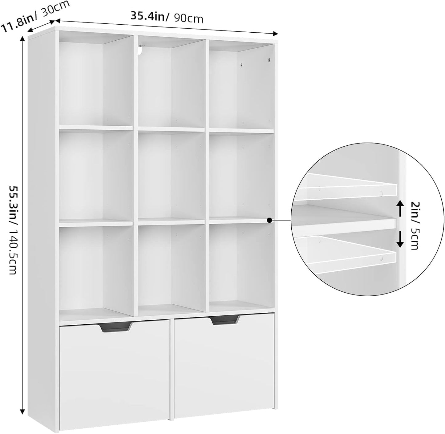 Danolapsi 9-Cube Bookshelf,Modern Bookshelf Storage Cabinet with 2 Large Drawers,Cube Storage Shelf,Modern Freestanding Open Bookshelf for Living Room,Bedroom,Office,Study