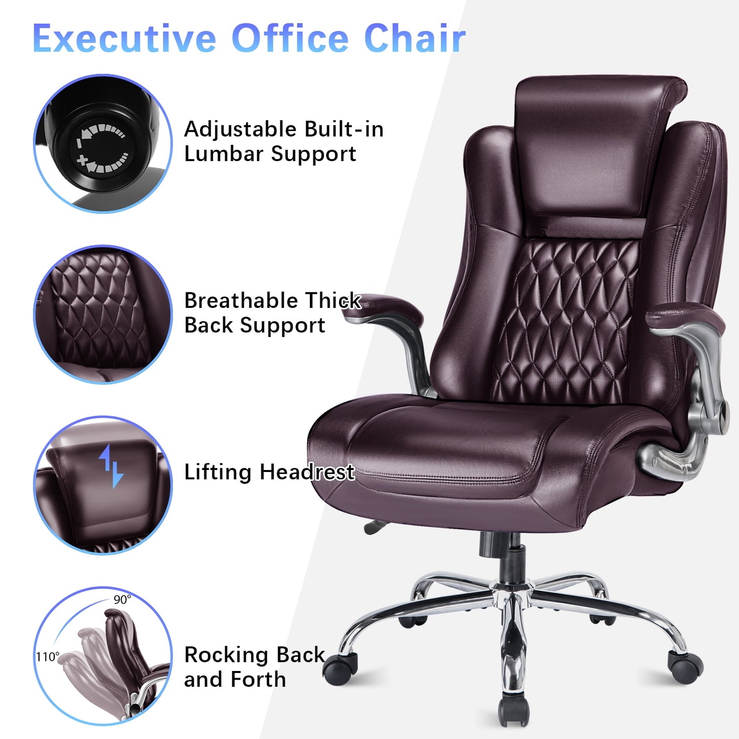 Brown Executive Ergonomic Office Chair: High Back, Flip-Up Armrest, Swivel, Adjustable Support