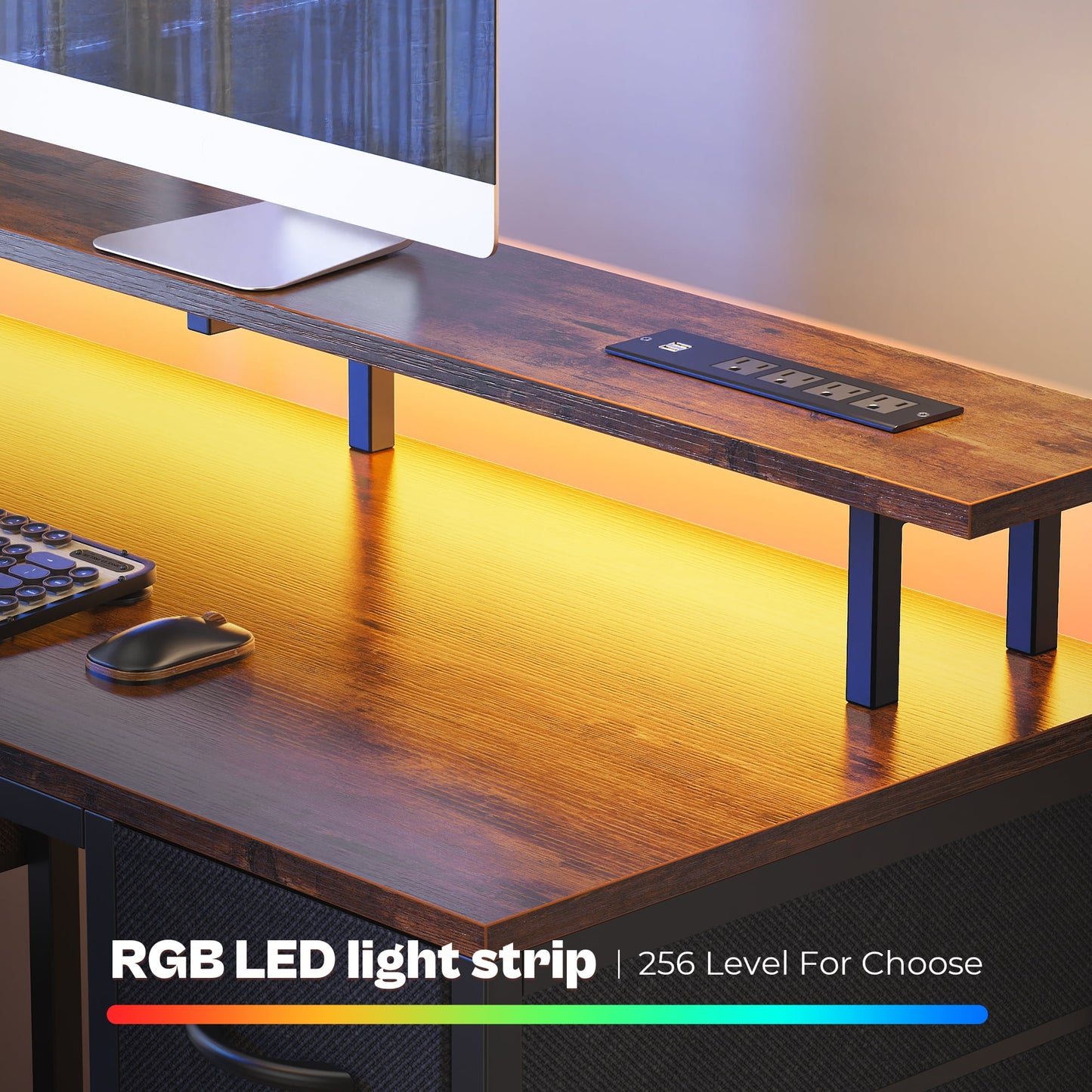 Computer Desk, LED Gaming Desk with Drawers, Office Desk with Outlets, Corner Desk, Writing Desk in Brown