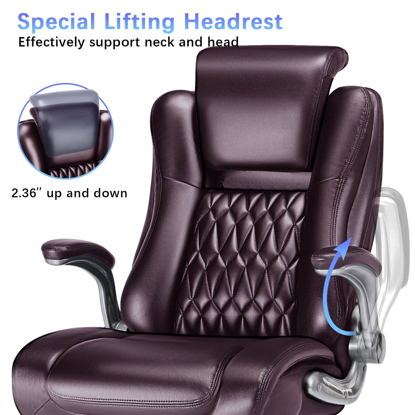 Brown Executive Ergonomic Office Chair: High Back, Flip-Up Armrest, Swivel, Adjustable Support