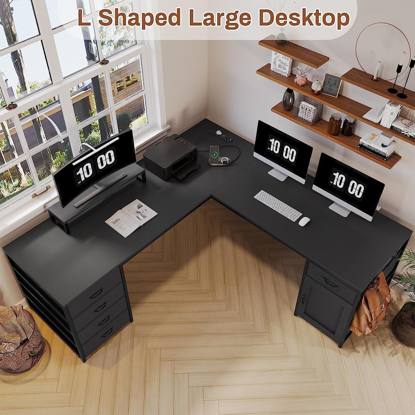 Black 2-Person L-Shaped Desk, 63in Reversible, 5-Drawer, with Power Outlet, Home Office Corner Desk with Storage Cabinet