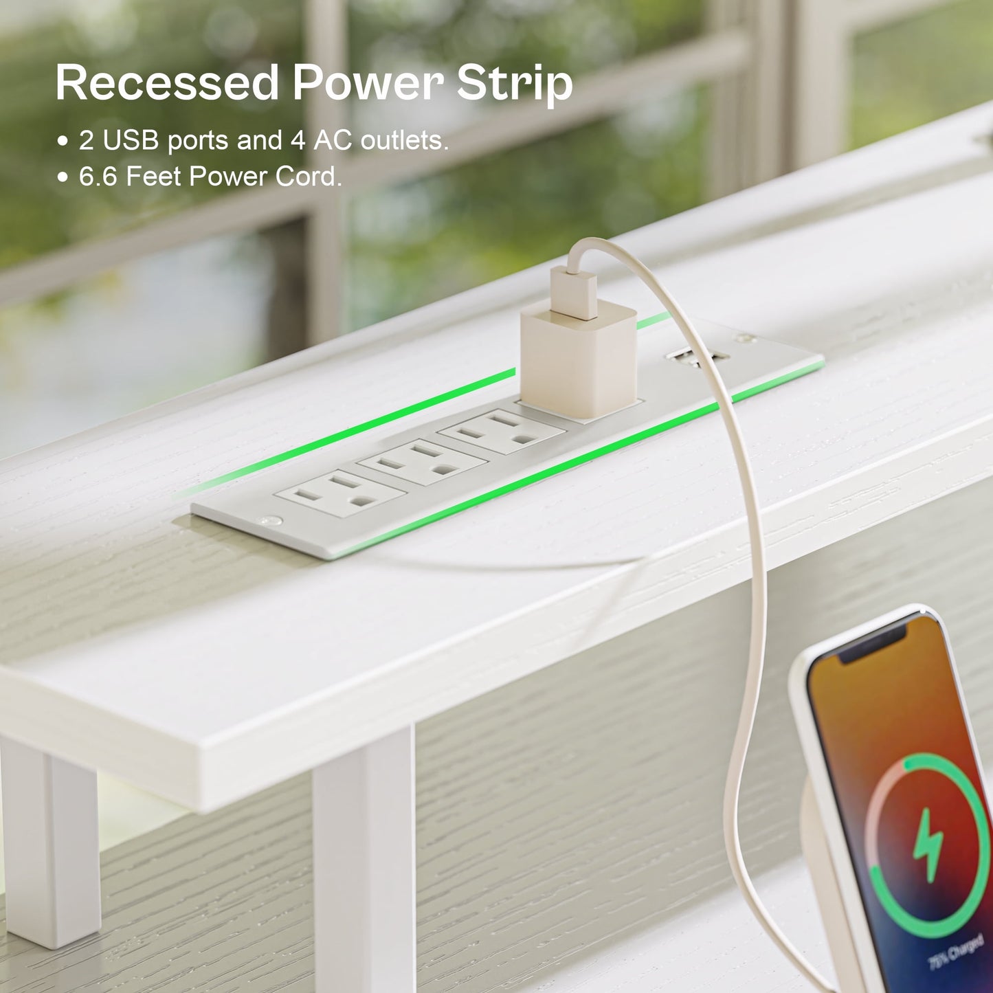 Computer Desk, LED Gaming Desk with Drawers, Office Desk with Outlets, Corner Desk, Writing Desk in White