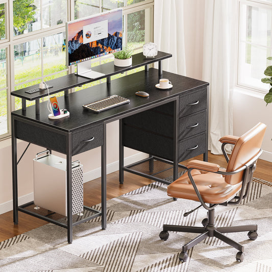 55.1in LED Gaming Desk with Drawers, Computer Desk with Outlets, Office Desk with 4 Drawers, Corner Desk, Writing Desk in Black