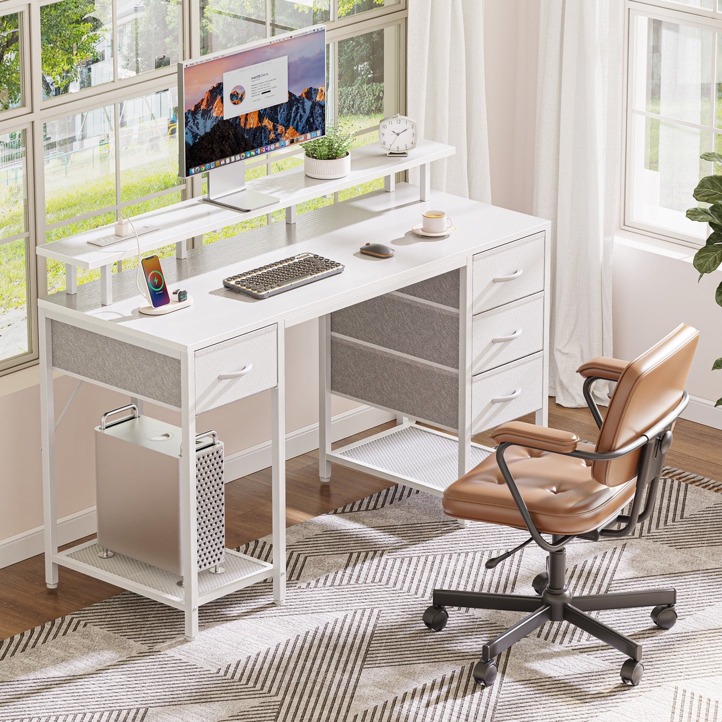 55.1in LED Gaming Desk with Drawers, Computer Desk with Outlets, Office Desk with 4 Drawers, Corner Desk, Writing Desk in White