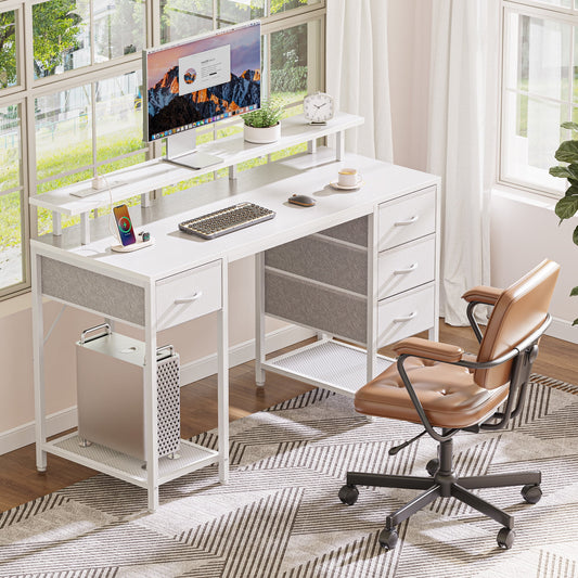 55.1in LED Gaming Desk with Drawers, Computer Desk with Outlets, Office Desk with 4 Drawers, Corner Desk, Writing Desk in White