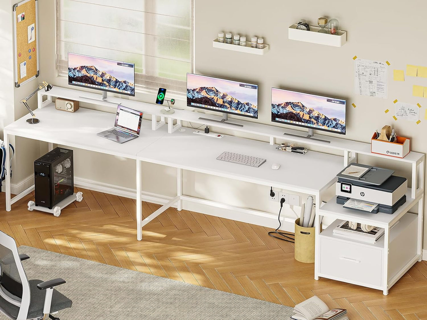 White L-Shaped Corner Computer Desk with LED Lights, Power Outlet, File Drawer & Gaming Suite for Home Office