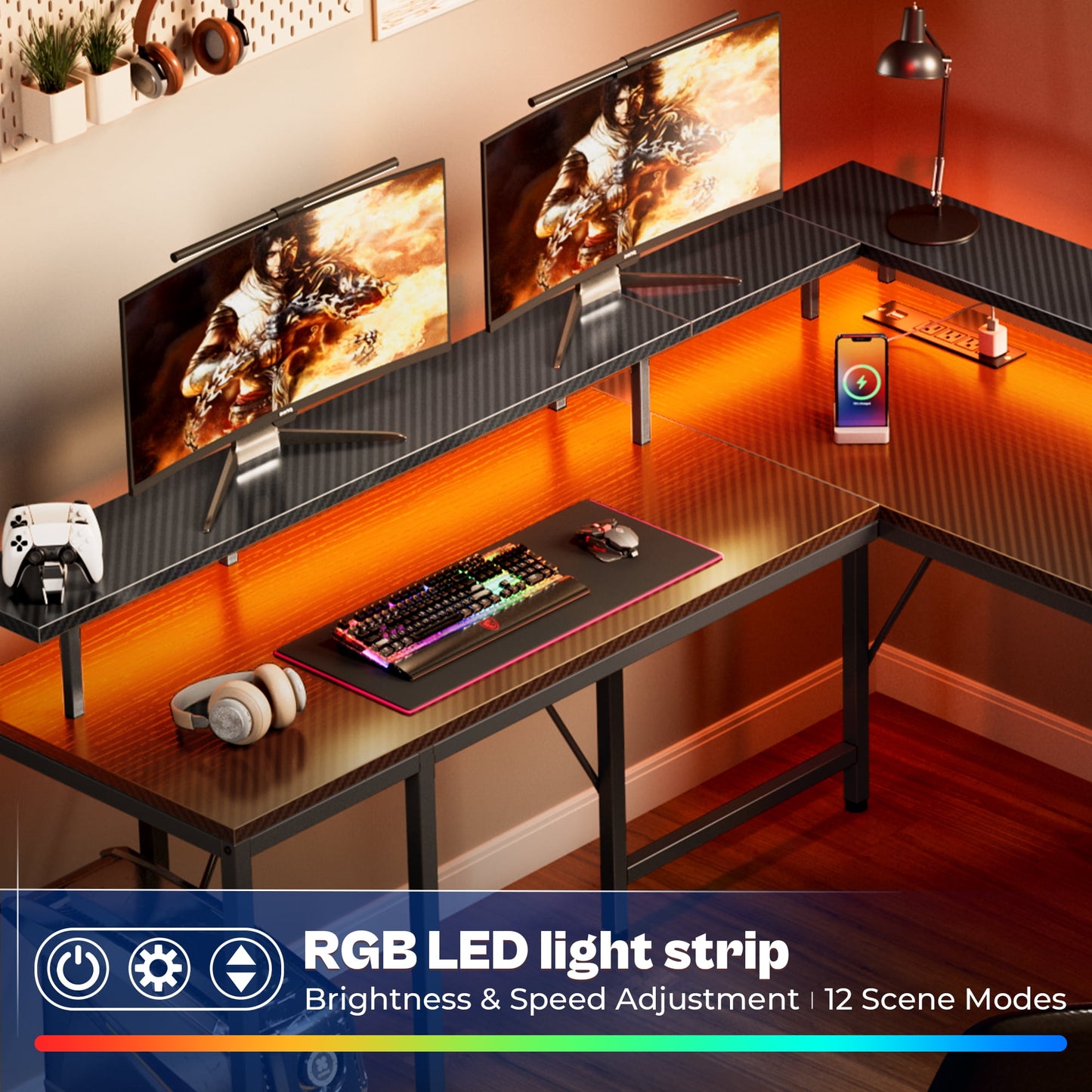 66in L Computer Desk, LED Gaming Desk with 3 Drawers and Power Outlets, L Shaped Desk with Monitor Stand, Long Office Corner Desk with Shelves in 3D Carbon Fiber Black