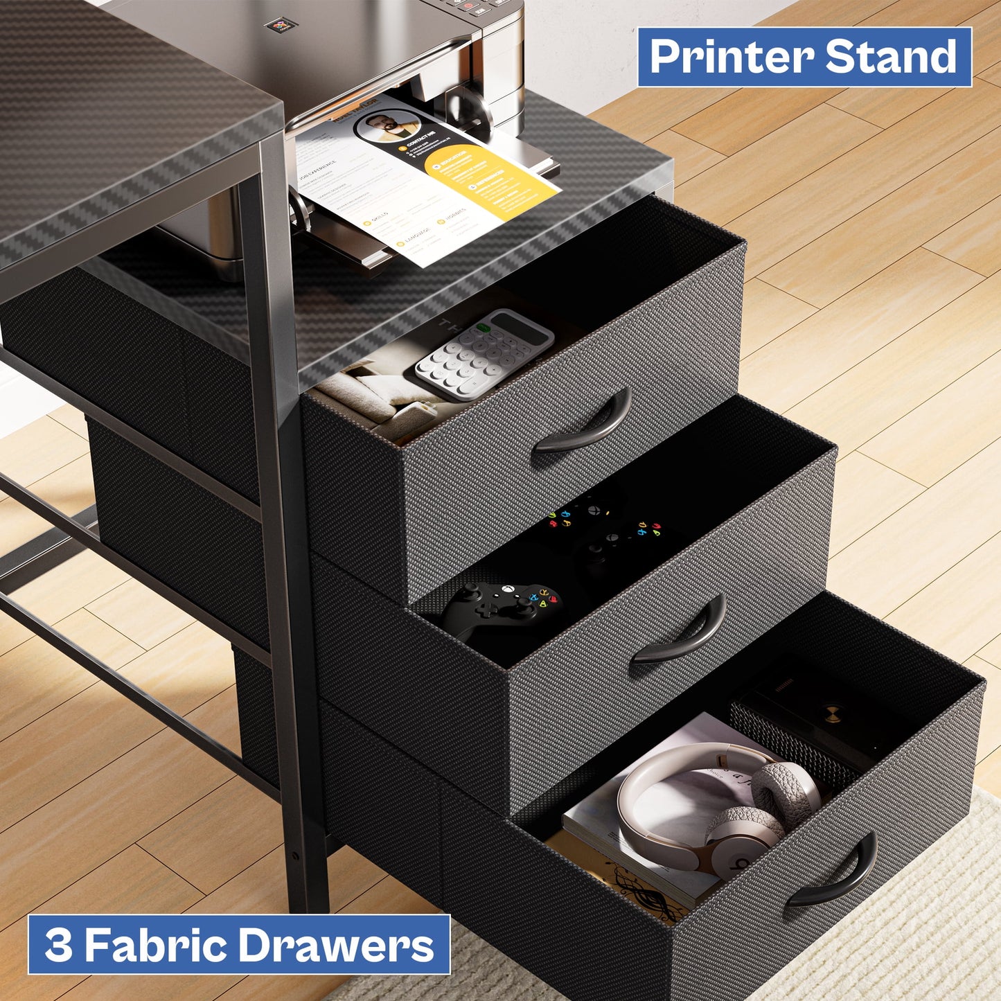 66in L Computer Desk, LED Gaming Desk with 3 Drawers and Power Outlets, L Shaped Desk with Monitor Stand, Long Office Corner Desk with Shelves in 3D Carbon Fiber Black