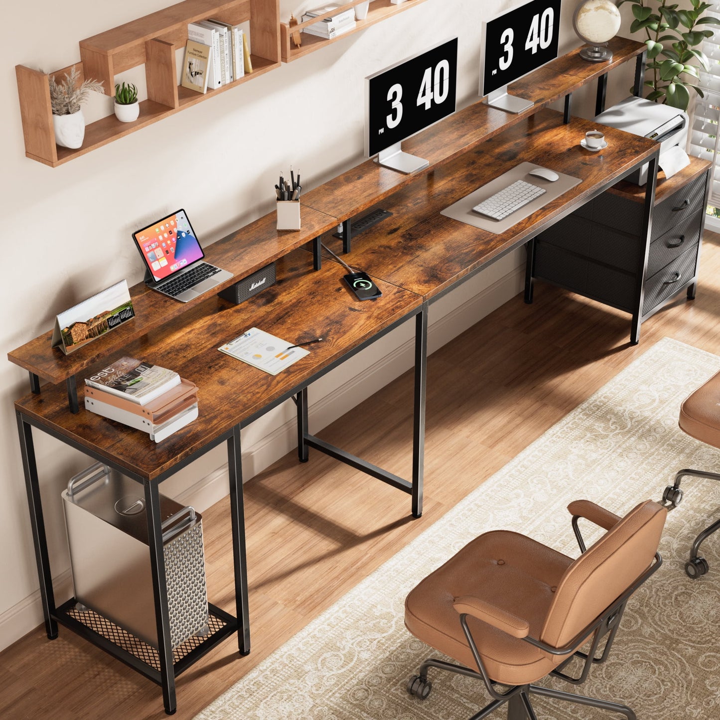 66in L Computer Desk, LED Gaming Desk with 3 Drawers and Power Outlets, L Shaped Desk with Monitor Stand, Long Office Corner Desk with Shelves in Brown