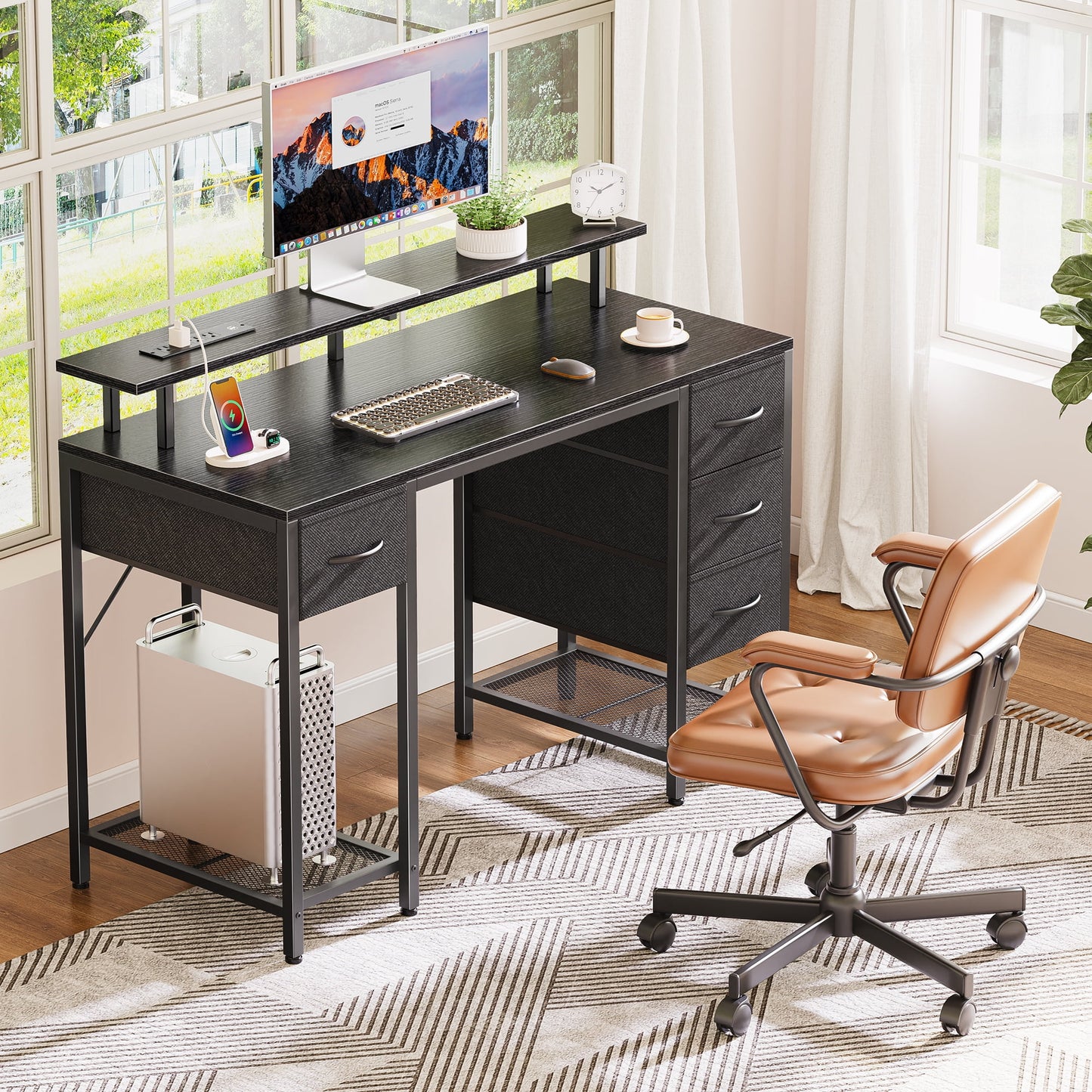 Computer Desk, LED Gaming Desk with Drawers, Office Desk with Outlets, Corner Desk, Writing Desk in Black