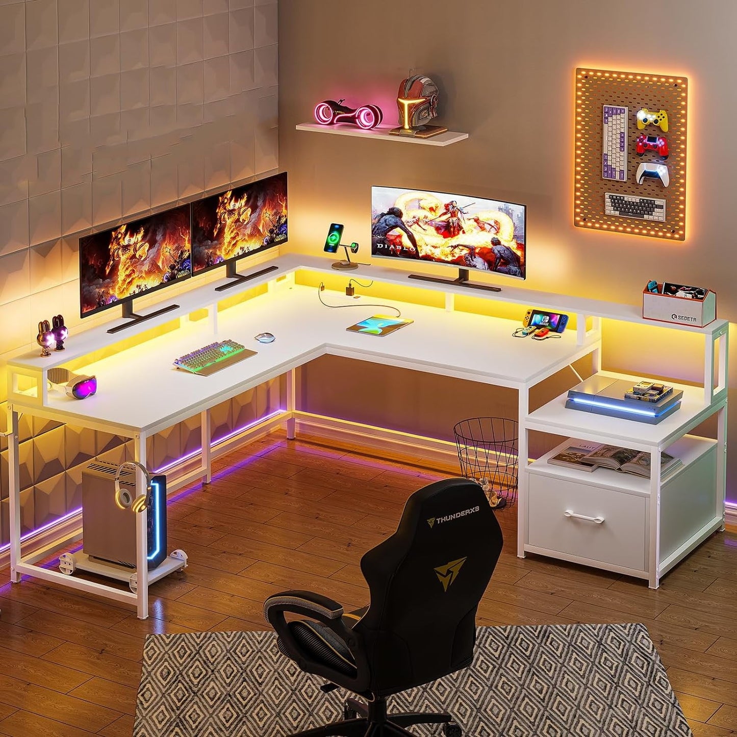 White L-Shaped Corner Computer Desk with LED Lights, Power Outlet, File Drawer & Gaming Suite for Home Office