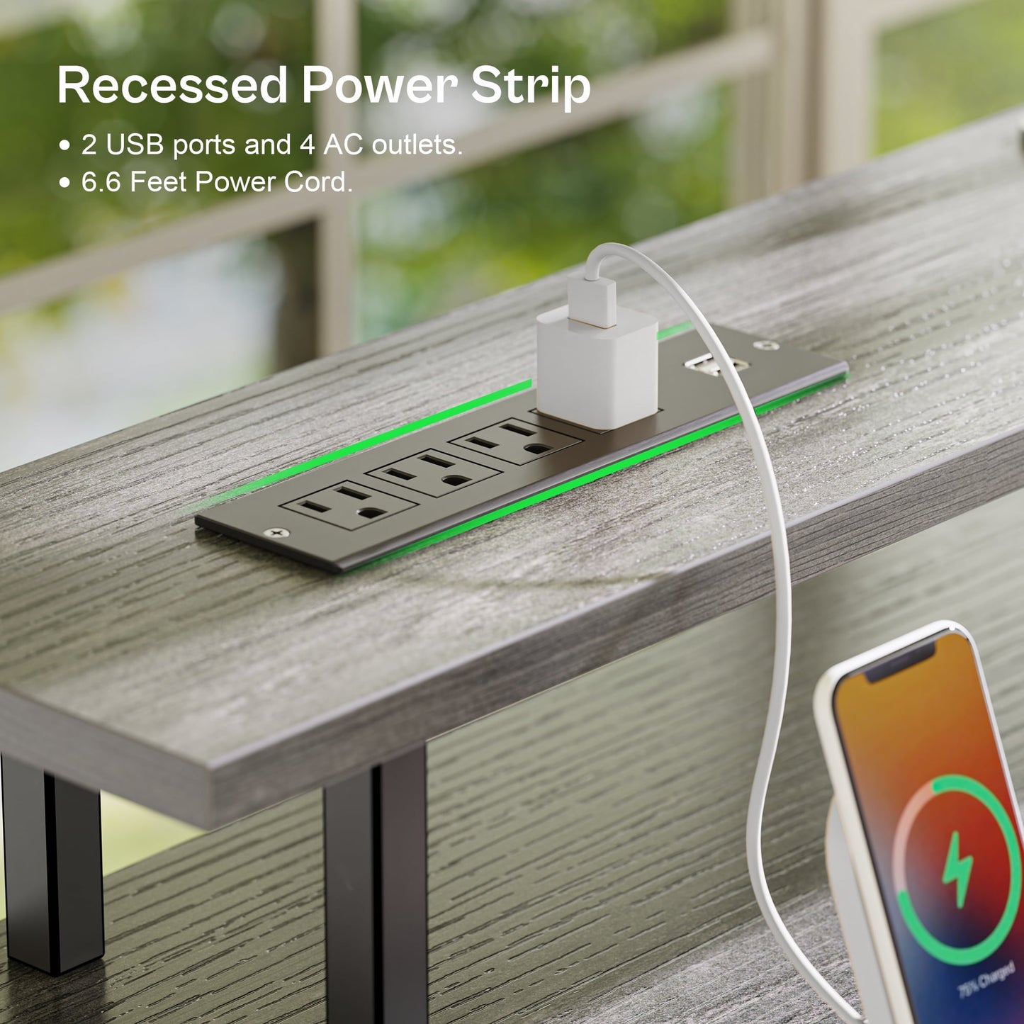 Computer Desk, LED Gaming Desk with Drawers, Office Desk with Outlets, Corner Desk, Writing Desk in Gray