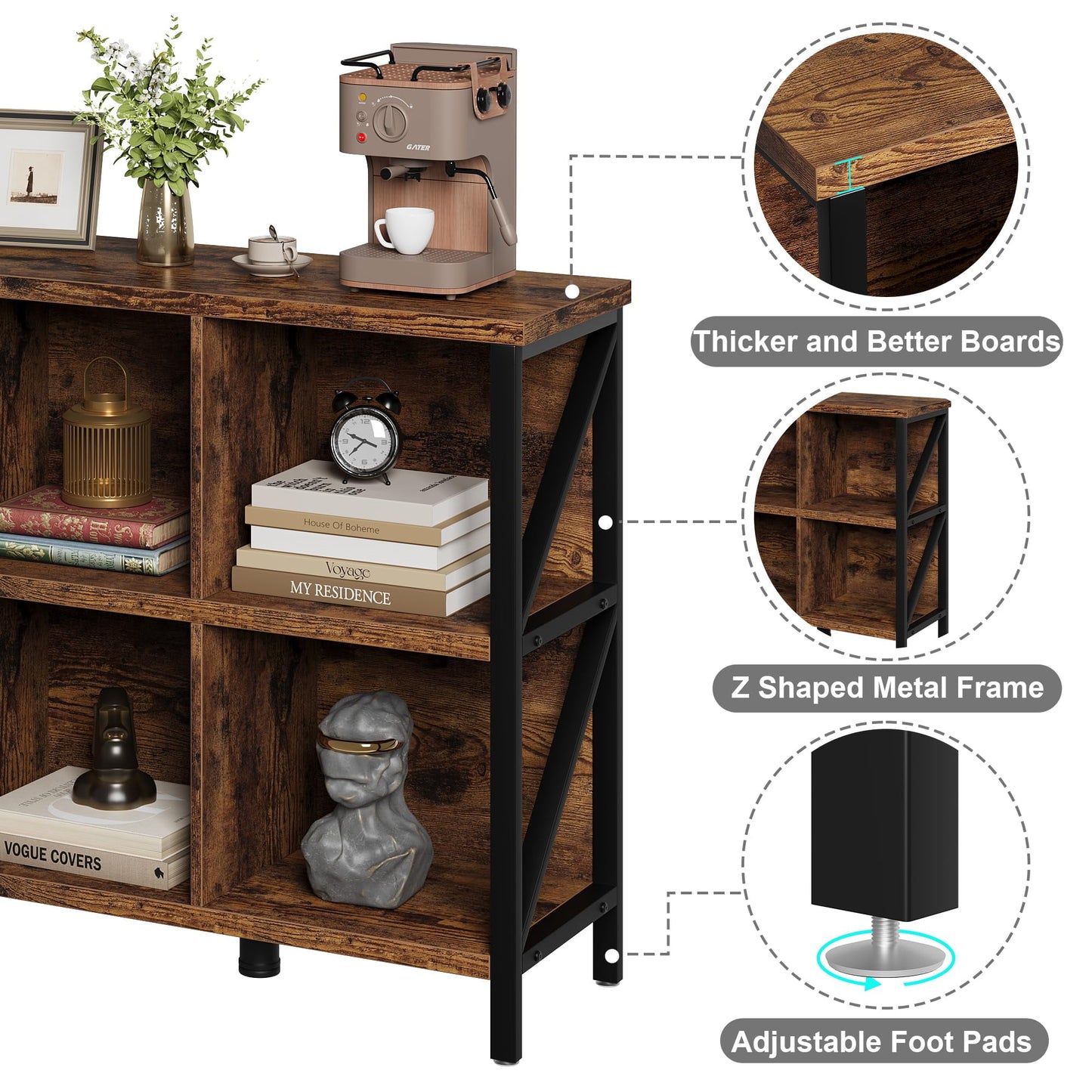 Danolapsi 6 Cube Storage Organizer with Shelf,Industrial Horizontal Bookshelf with Metal Frame,Wood and Metal Cubby Bookcase,Thick wooden Low & Long bookshelf for Living Room/Office/Bedroom