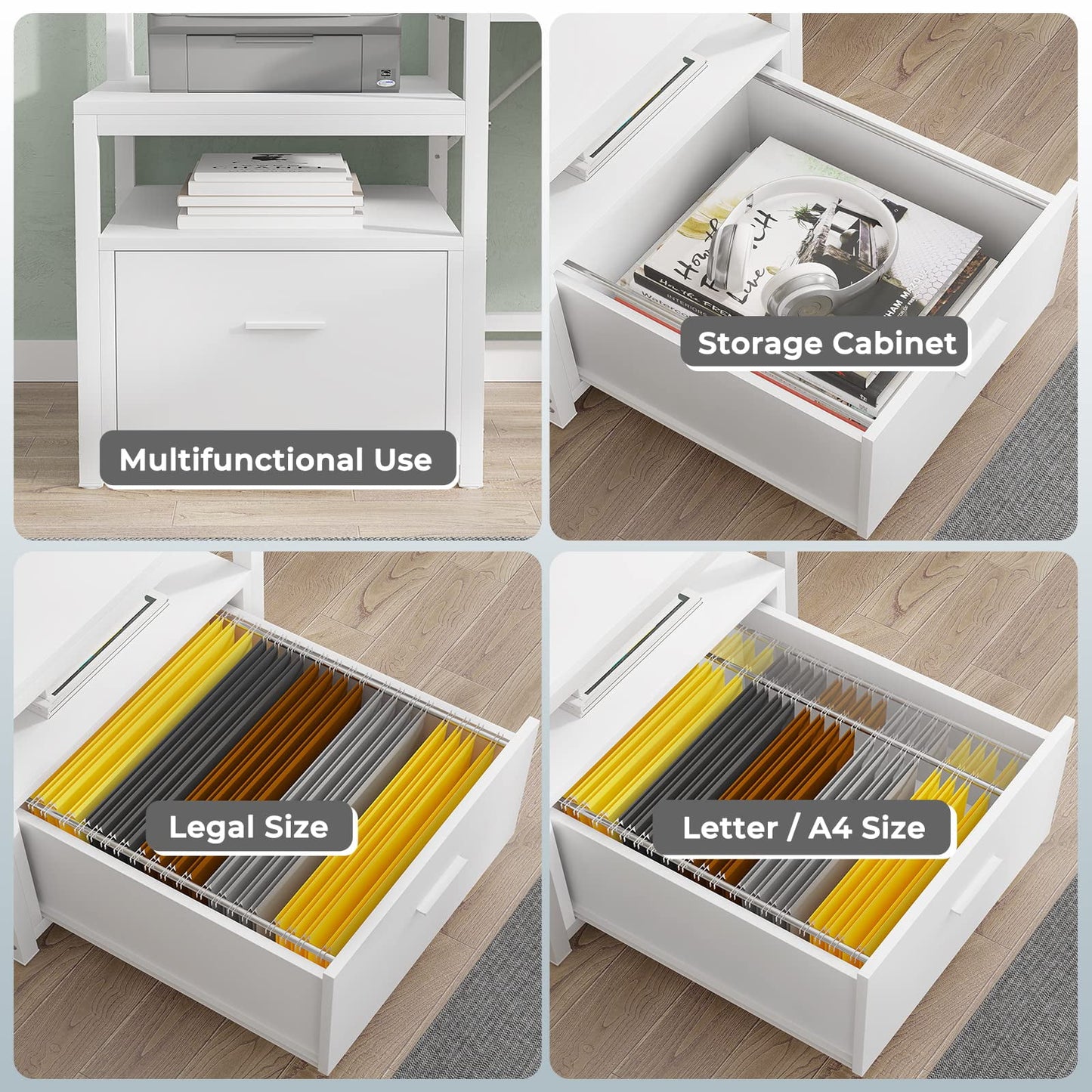 White L-Shaped Corner Computer Desk with LED Lights, Power Outlet, File Drawer & Gaming Suite for Home Office