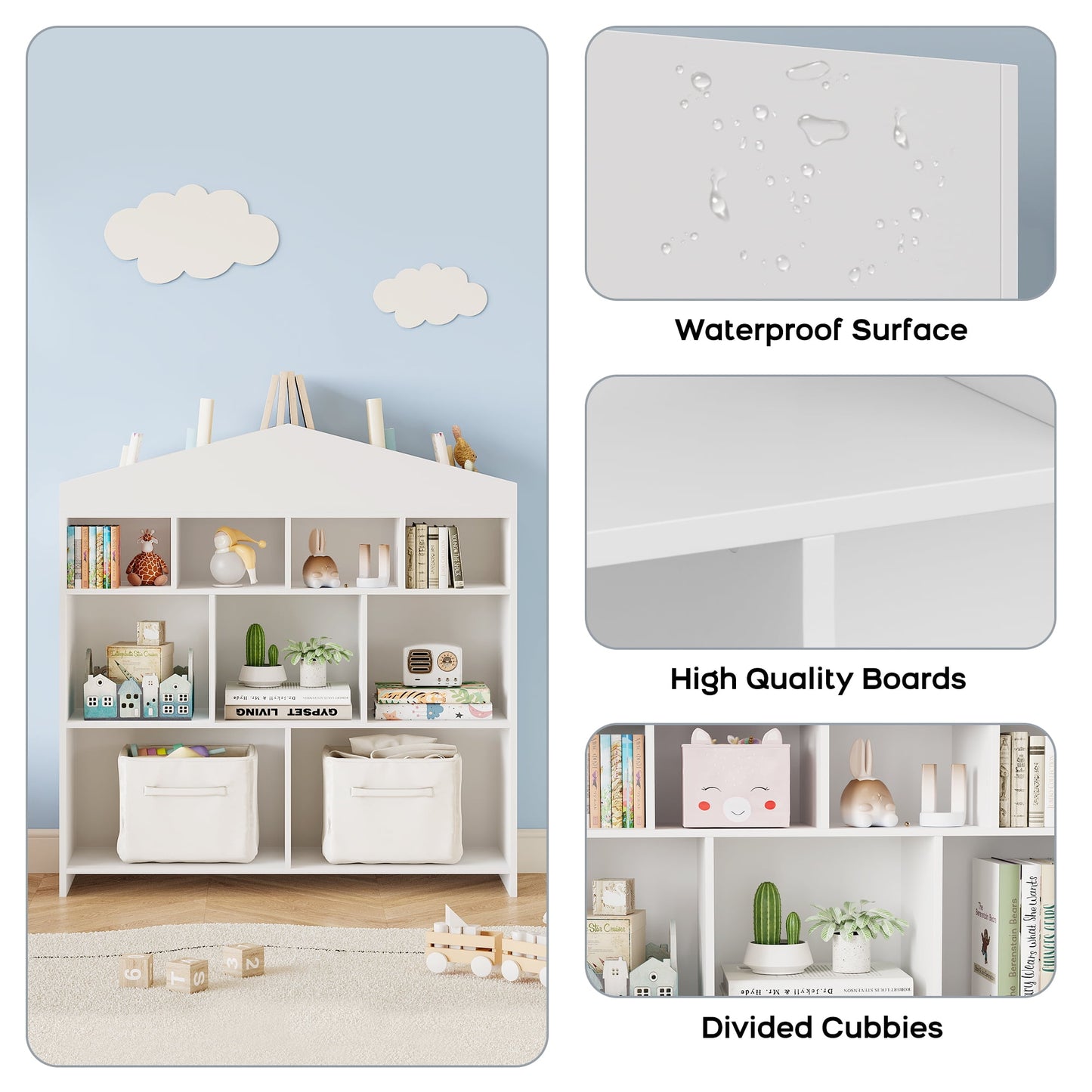 Danolapsi Toy Storage Organizer White Kids Bookshelf 8 Cubes Dollhouse Bookcase Rack Toddlers Playhouse Shelves Cabinet for Boys Girls Wooden Toy Chest Playroom, Classroom, Nursery, Kids Room