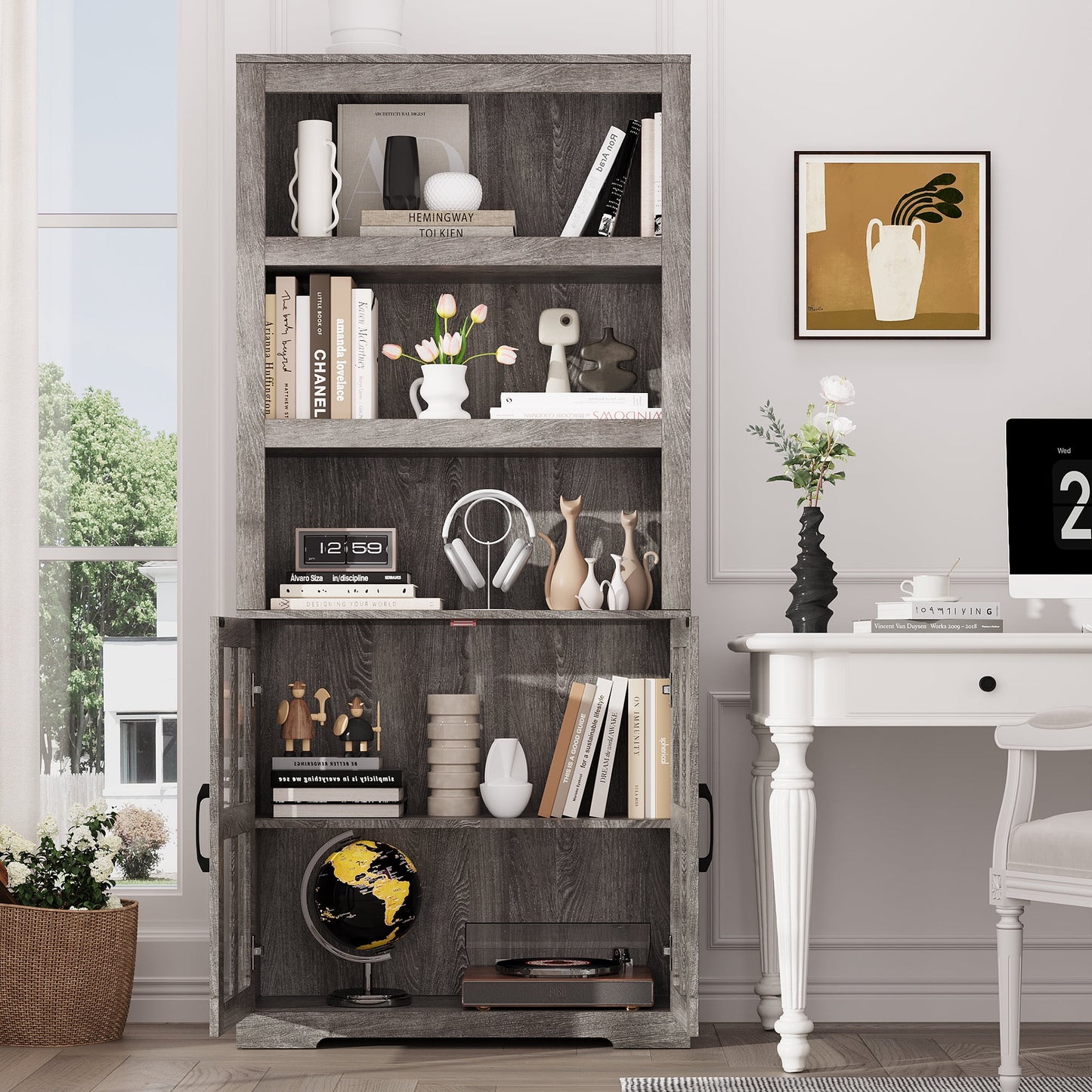 Yeahumalia Industrial Wooden Bookshelves with Doors Floor Standing 5 Shelf Display Storage Shelves Bookcase, Grey Oak