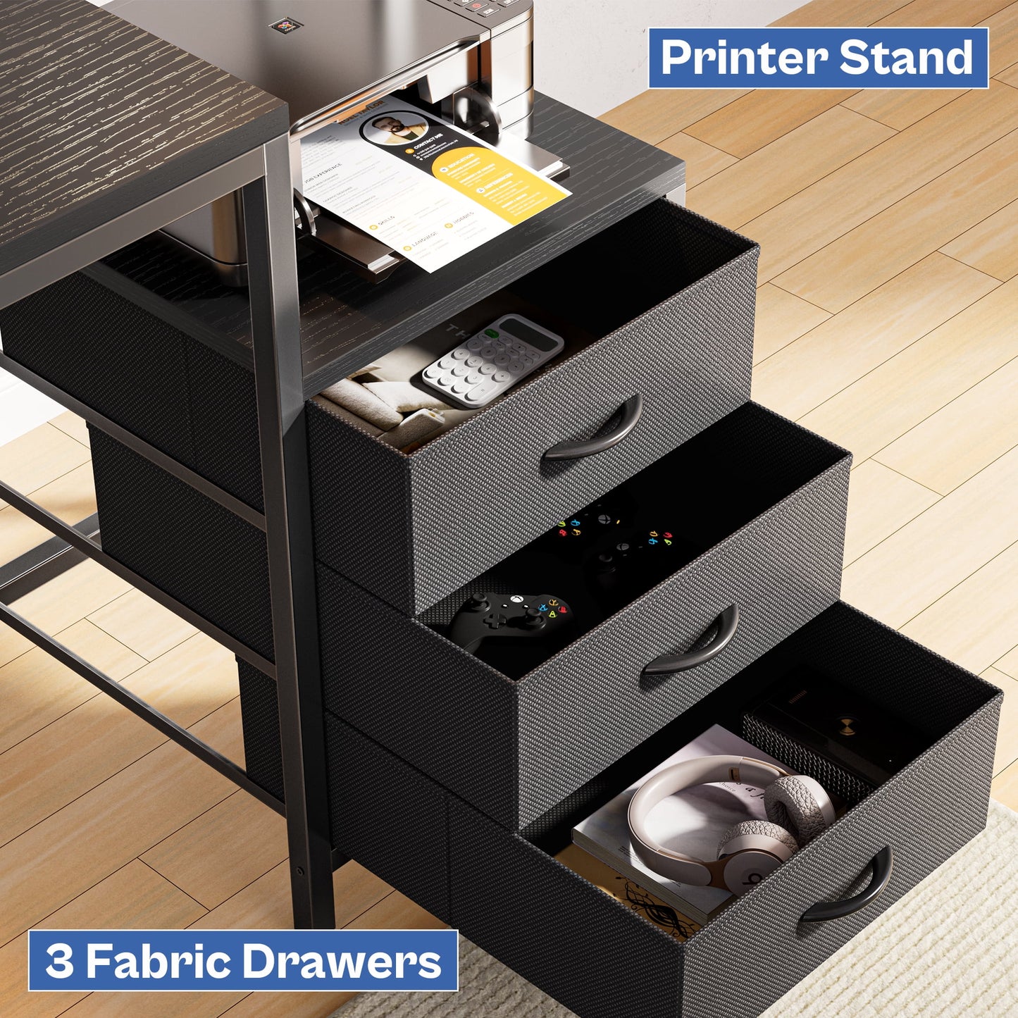 66in L Computer Desk, LED Gaming Desk with 3 Drawers and Power Outlets, L Shaped Desk with Monitor Stand, Long Office Corner Desk with Shelves in Pure Black