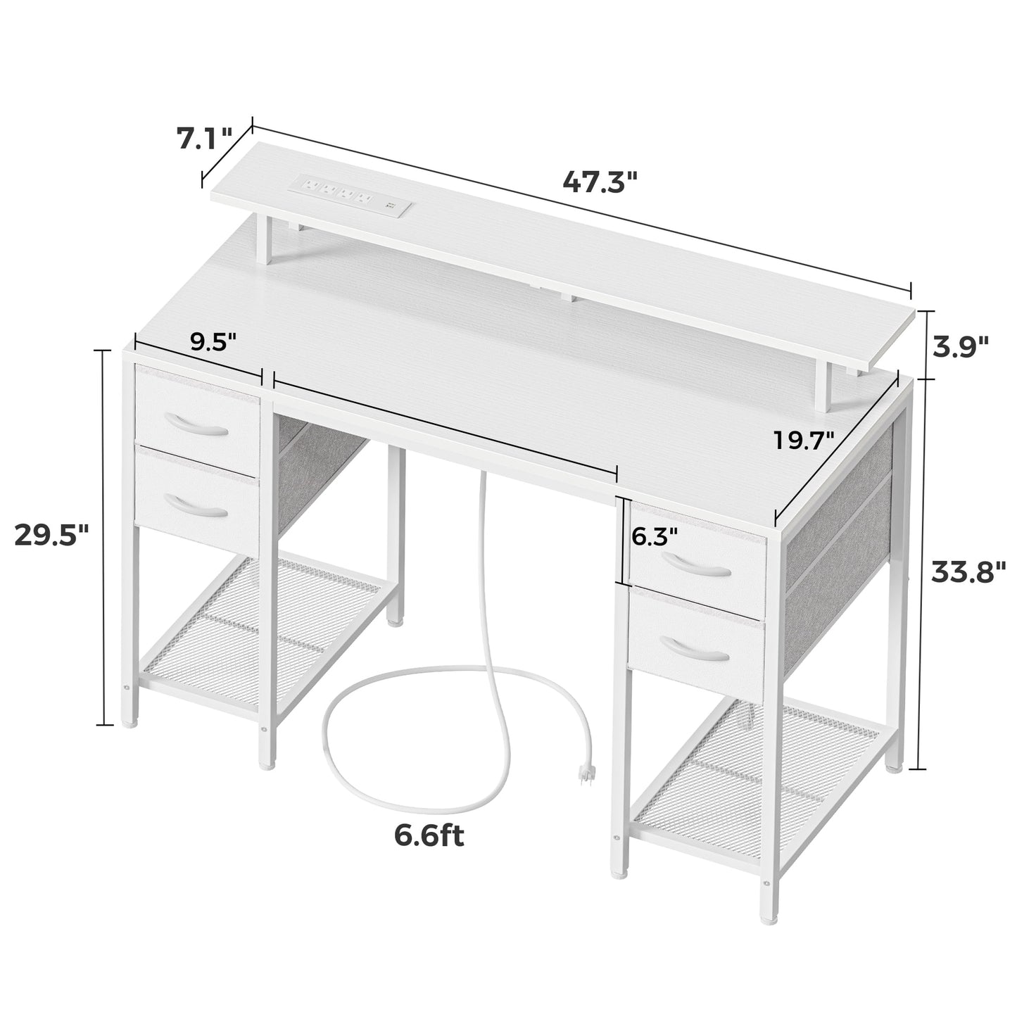 Computer Desk, LED Gaming Desk with Drawers, Office Desk with Outlets, Corner Desk, Writing Desk in White