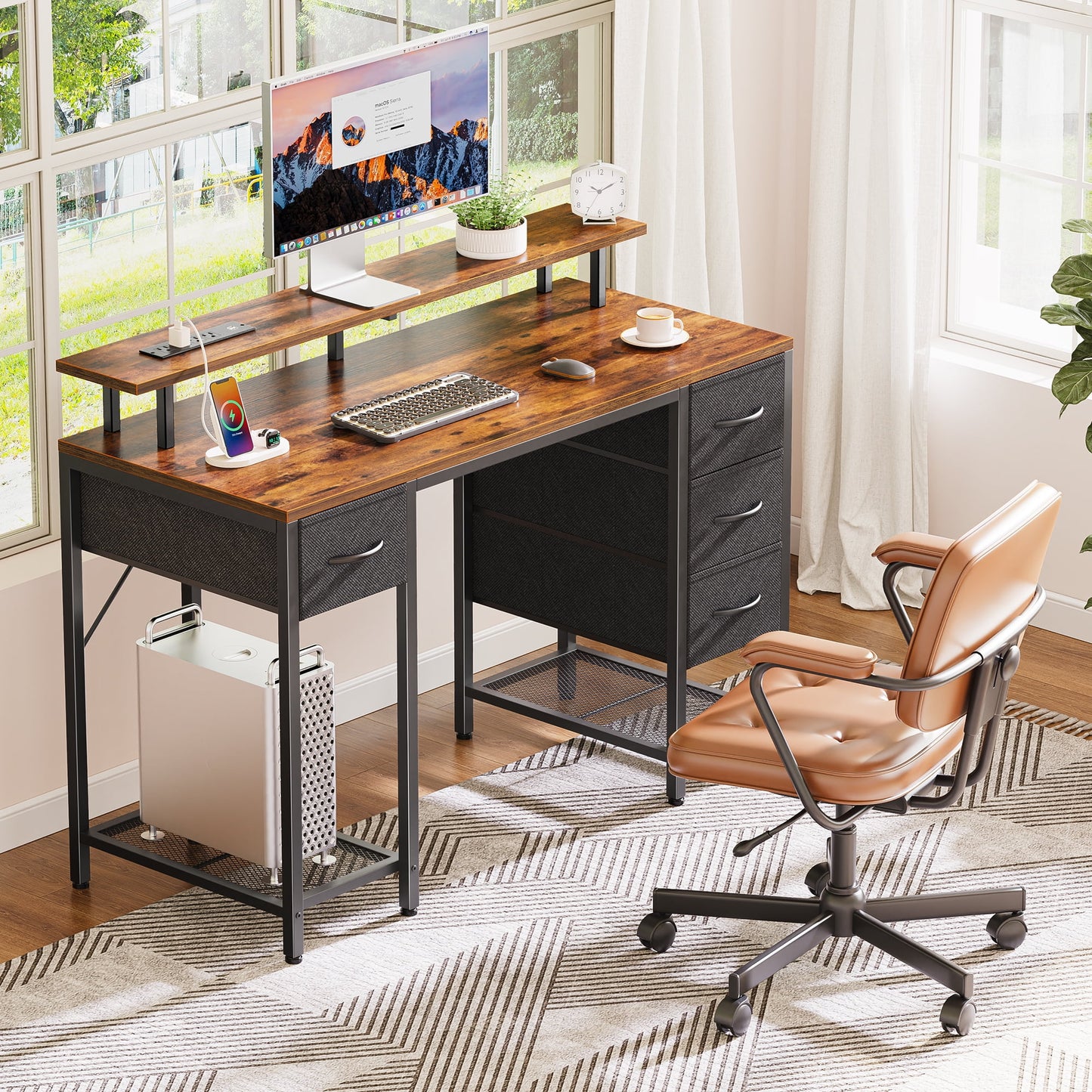 Computer Desk, LED Gaming Desk with Drawers, Office Desk with Outlets, Corner Desk, Writing Desk in Brown