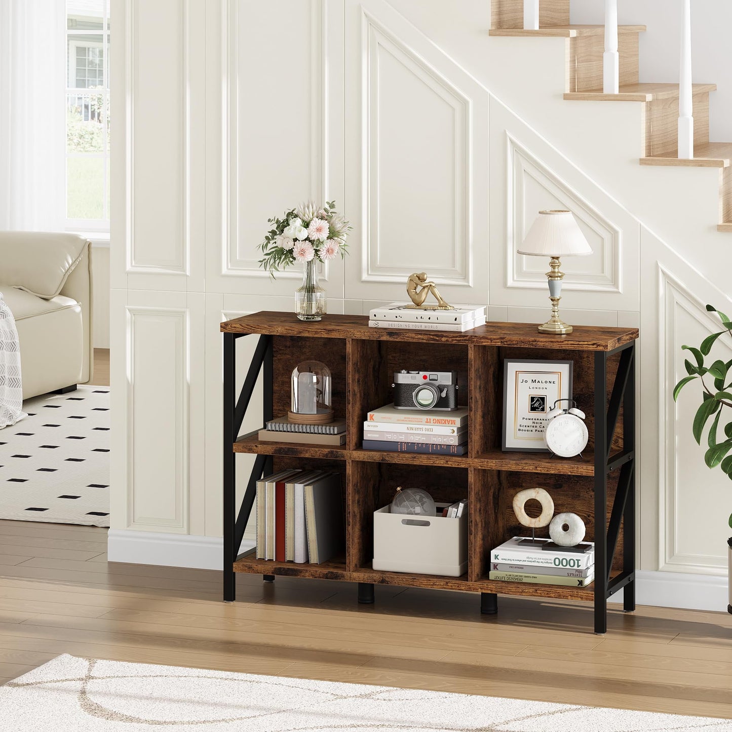 Danolapsi 6 Cube Storage Organizer with Shelf,Industrial Horizontal Bookshelf with Metal Frame,Wood and Metal Cubby Bookcase,Thick wooden Low & Long bookshelf for Living Room/Office/Bedroom