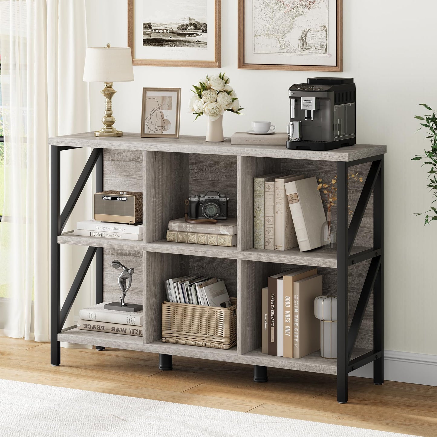 Danolapsi 6 Cube Storage Organizer with Shelf,Industrial Horizontal Bookshelf with Metal Frame,Wood and Metal Cubby Bookcase,Thick wooden Low & Long bookshelf for Living Room/Office/Bedroom