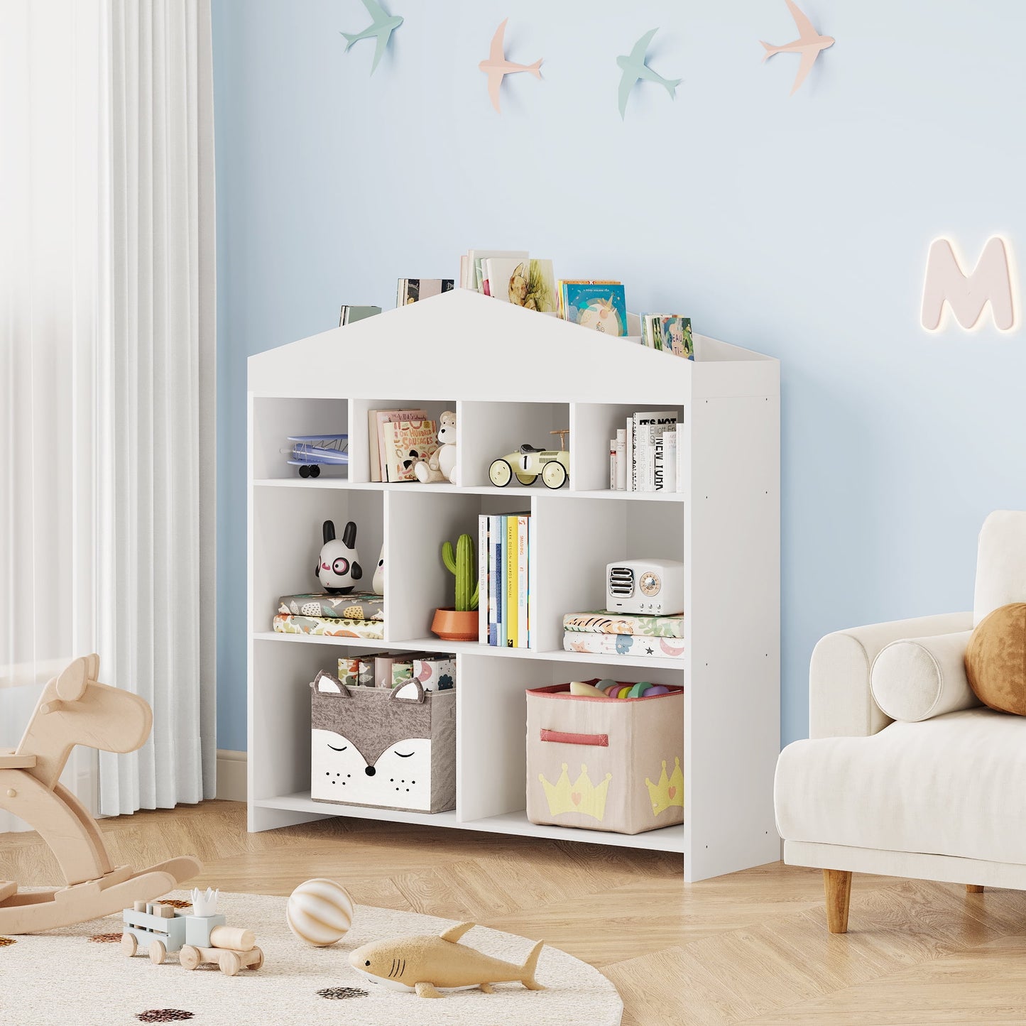 Danolapsi Toy Storage Organizer White Kids Bookshelf 8 Cubes Dollhouse Bookcase Rack Toddlers Playhouse Shelves Cabinet for Boys Girls Wooden Toy Chest Playroom, Classroom, Nursery, Kids Room