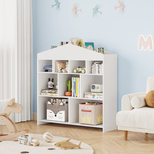 Danolapsi Toy Storage Organizer White Kids Bookshelf 8 Cubes Dollhouse Bookcase Rack Toddlers Playhouse Shelves Cabinet for Boys Girls Wooden Toy Chest Playroom, Classroom, Nursery, Kids Room
