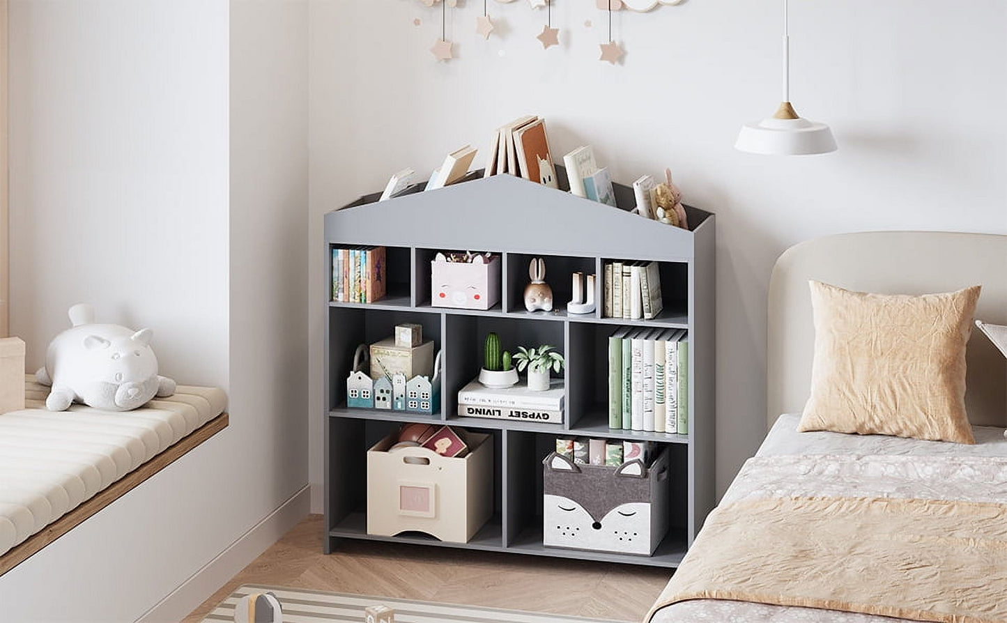 Danolapsi Toy Storage Organizer White Kids Bookshelf 8 Cubes Dollhouse Bookcase Rack Toddlers Playhouse Shelves Cabinet for Boys Girls Wooden Toy Chest Playroom, Classroom, Nursery, Kids Room