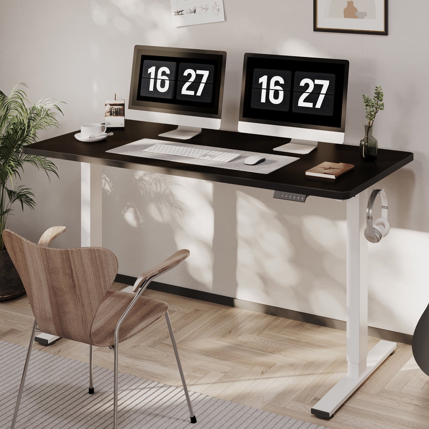 ACTIVESIT 60inx24in Home Office Height Adjustable Standing Desk with Hooks, Ergonomic Electric 2-Stage Stand Up Computer Desk, White and Black