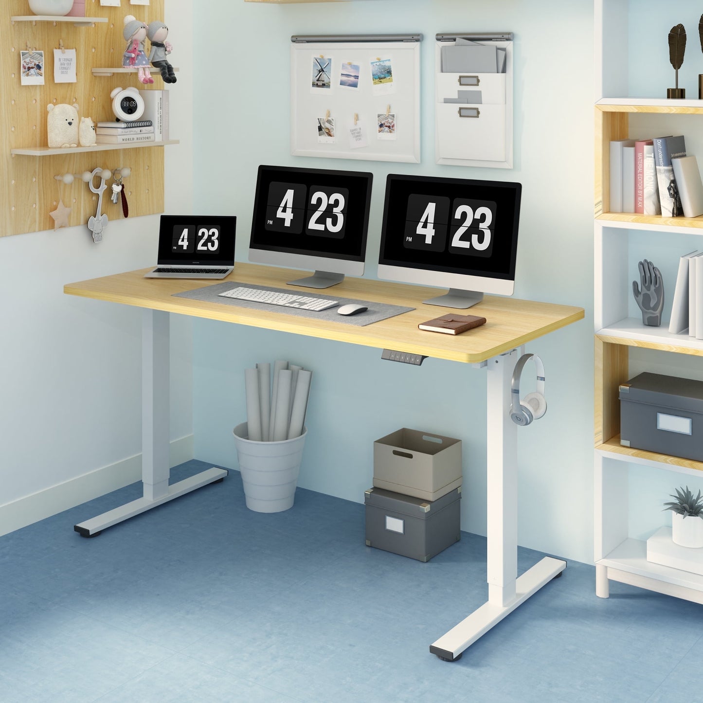 ACTIVESIT 60inx24in Home Office Height Adjustable Standing Desk with Hooks, Ergonomic Electric 2-Stage Stand Up Computer Desk, White and Maple