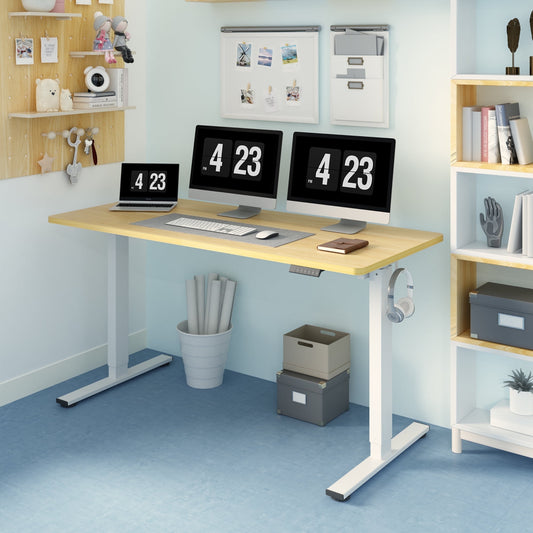 ACTIVESIT 60inx24in Home Office Height Adjustable Standing Desk with Hooks, Ergonomic Electric 2-Stage Stand Up Computer Desk, White and Maple